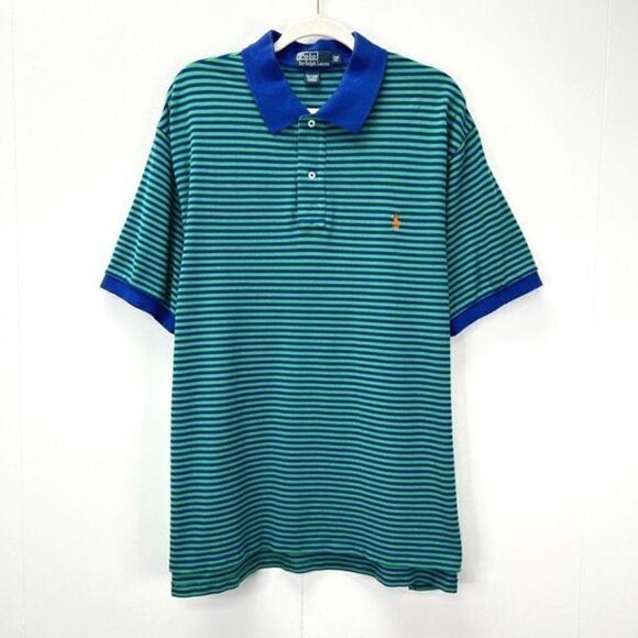 Vintage 90s Polo Ralph Lauren Men’s 2XB Big Polo Collared Shirt Blue Green Pony - Picture 1 of 9